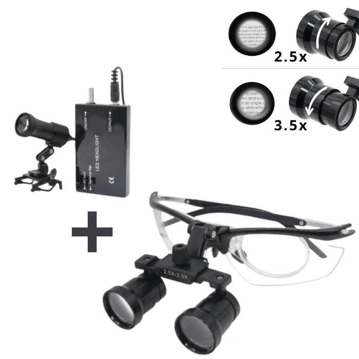 Loupe X2 avec objectifs 2,5x et 3,5x et lampe frontale rechargeable de 5 watts