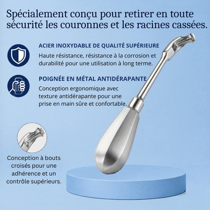[locale:fr] Extracteur dentaire de couronnes et racines : acier inoxydable, manche antidérapant et pointe croisée