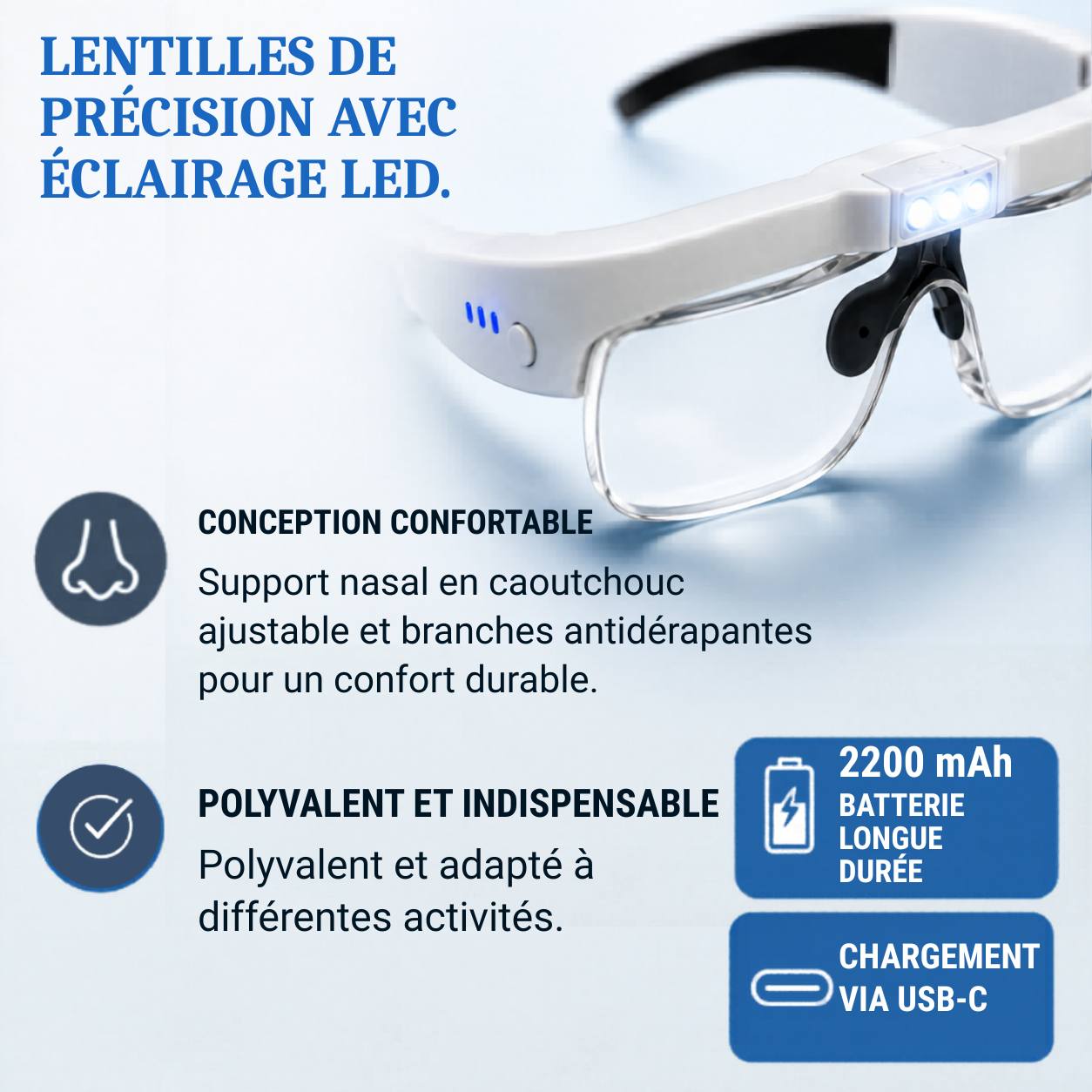 Lentilles de précision avec éclairage LED, design confortable et batterie longue durée